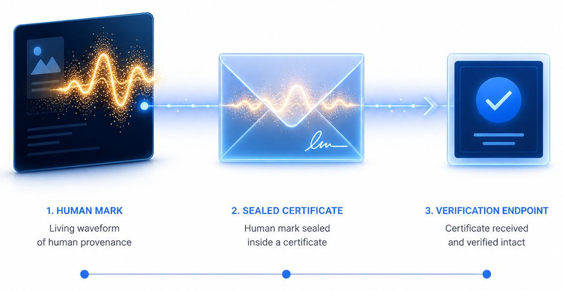 Three steps — a living human-mark waveform, sealed inside a certificate, then verified intact at the endpoint.