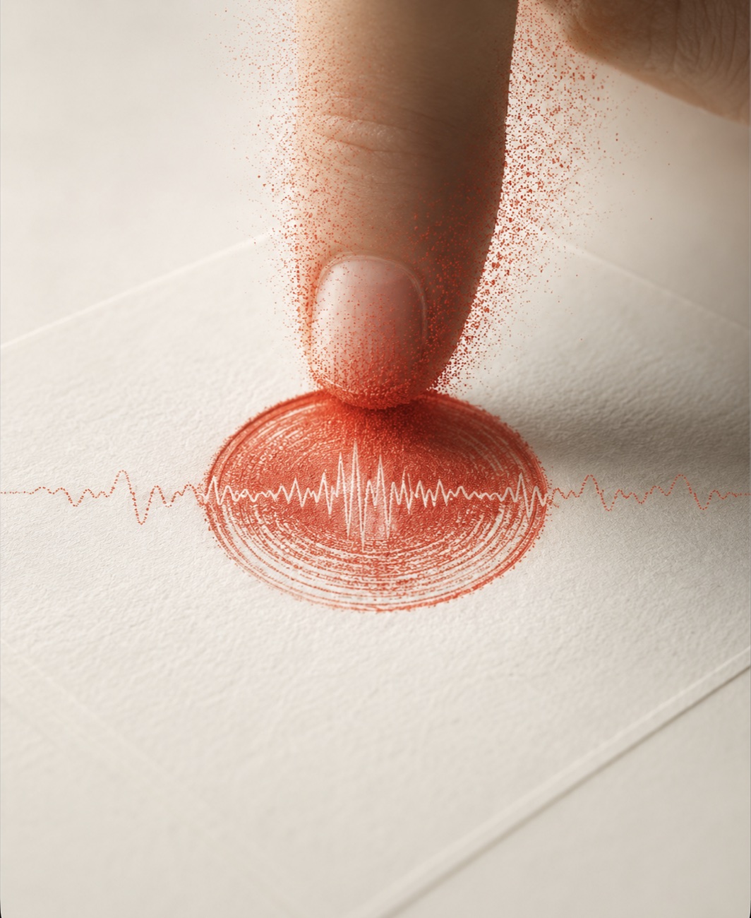 A fingertip pressing onto paper, raising a red waveform ripple — a human mark signed into a file.