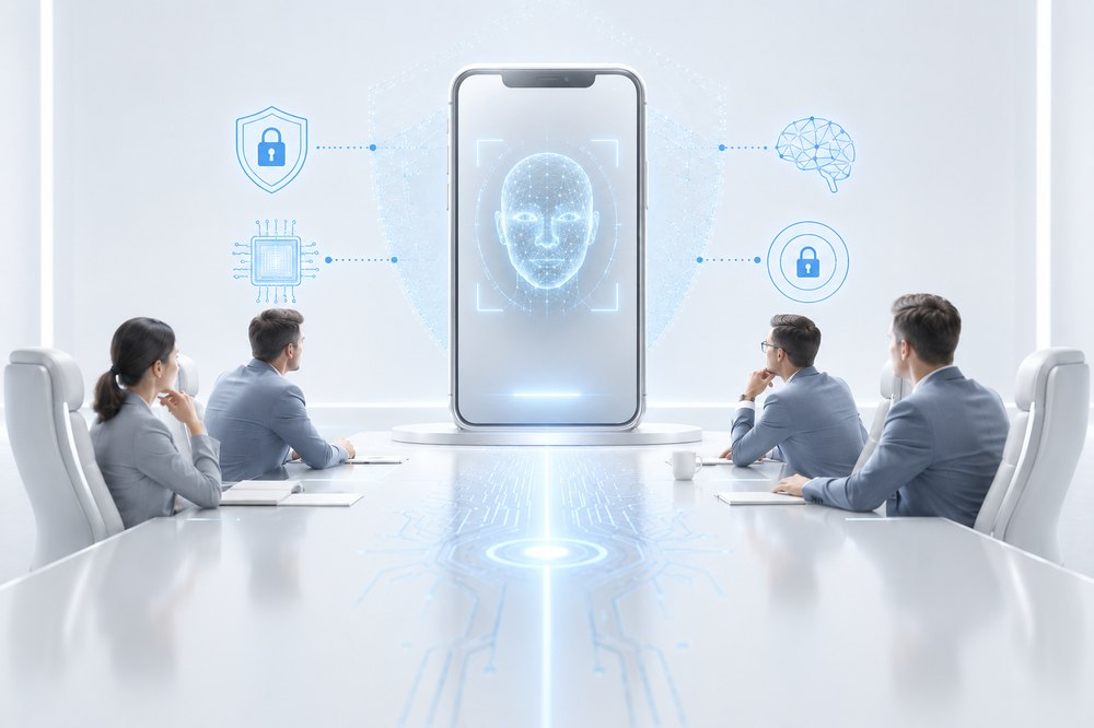 Executives around a boardroom table watching a phone run a secure on-device identity scan, ringed by privacy, encryption and on-chip icons