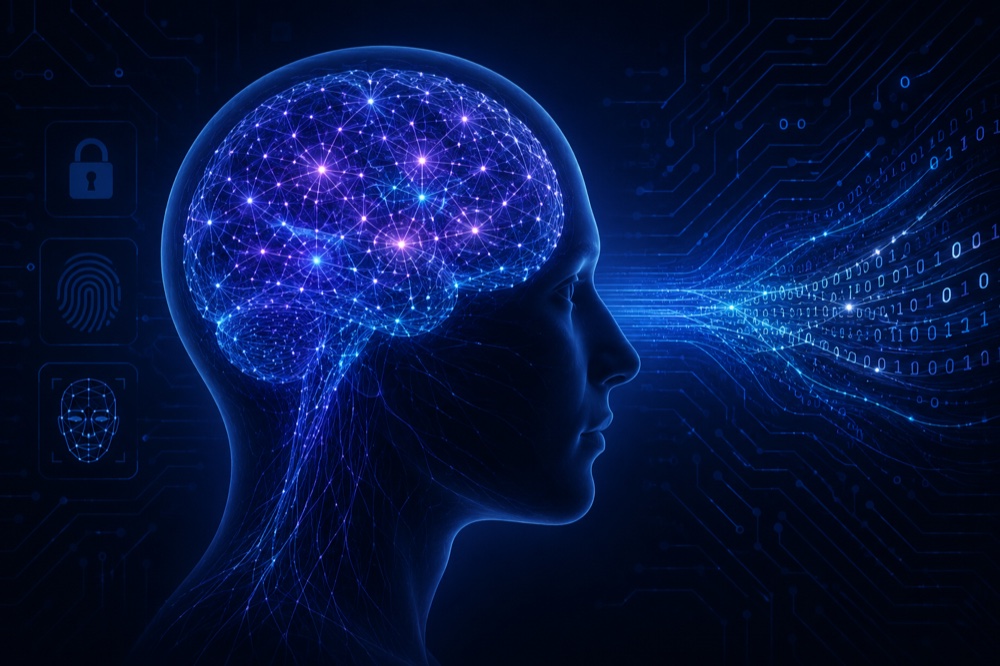 A glowing neural brain inside a human head profile, with binary data streaming out over a circuit-board background