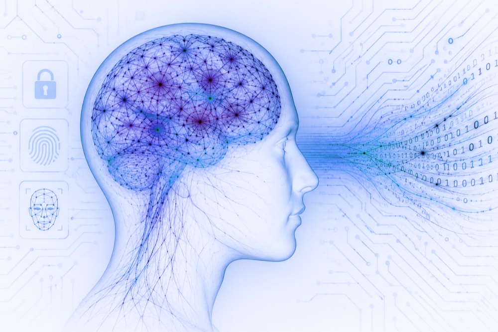 A glowing neural brain inside a human head profile, with binary data streaming out over a circuit-board background