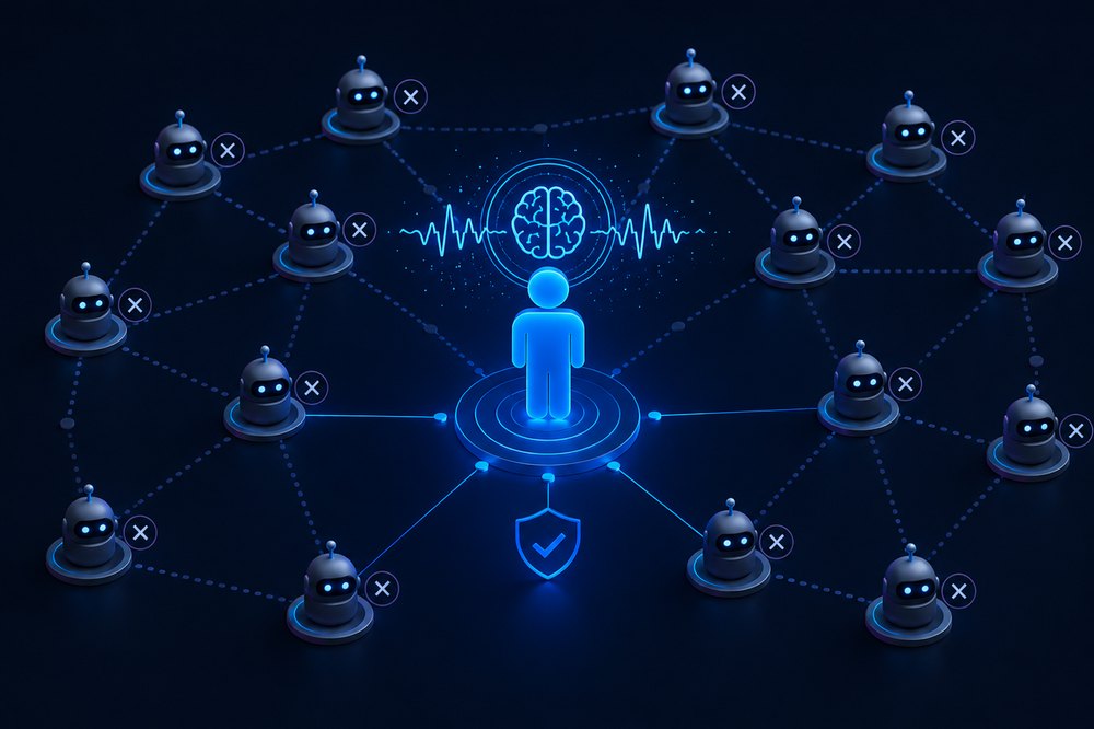 A single human at the center of a network, verified and shielded while surrounding bots are rejected