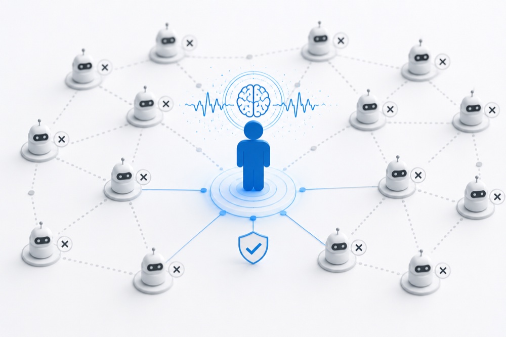 A single human at the center of a network, verified and shielded while surrounding bots are rejected