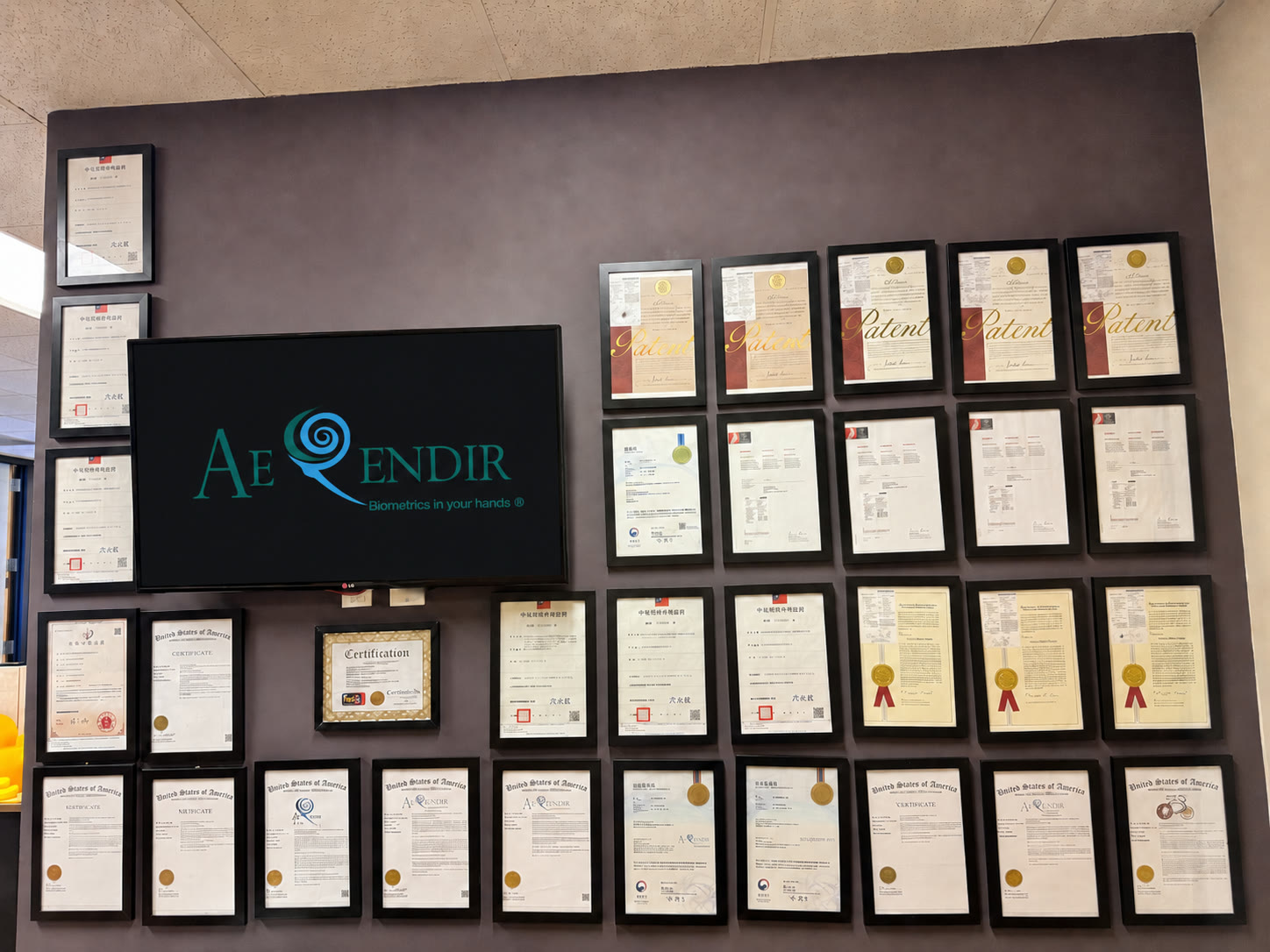 Aerendir® patent wall — framed granted patents from jurisdictions around the world.