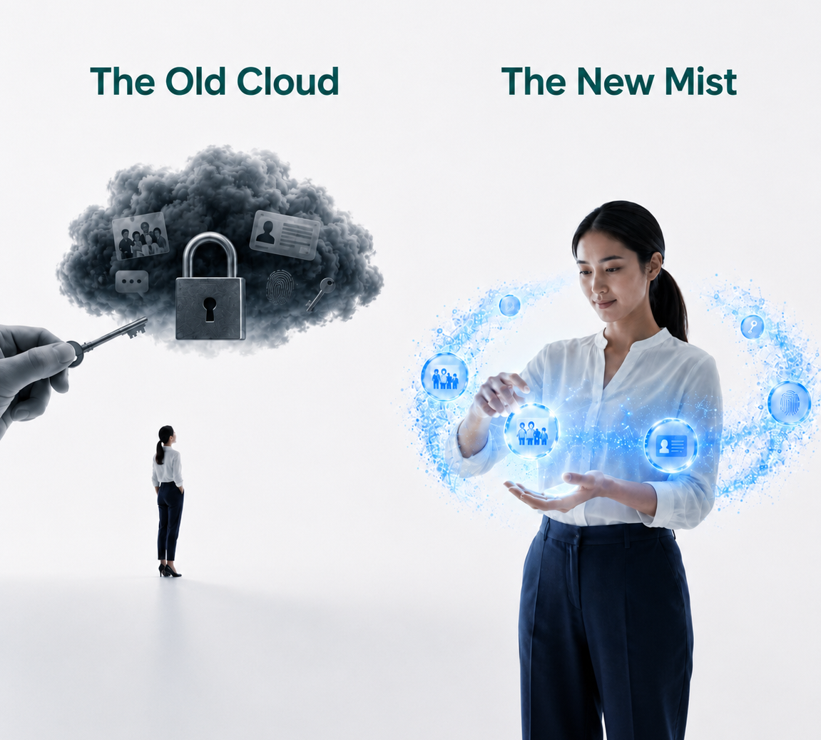 A person cupping a glowing private cloud of connected services, apart from a locked public cloud.